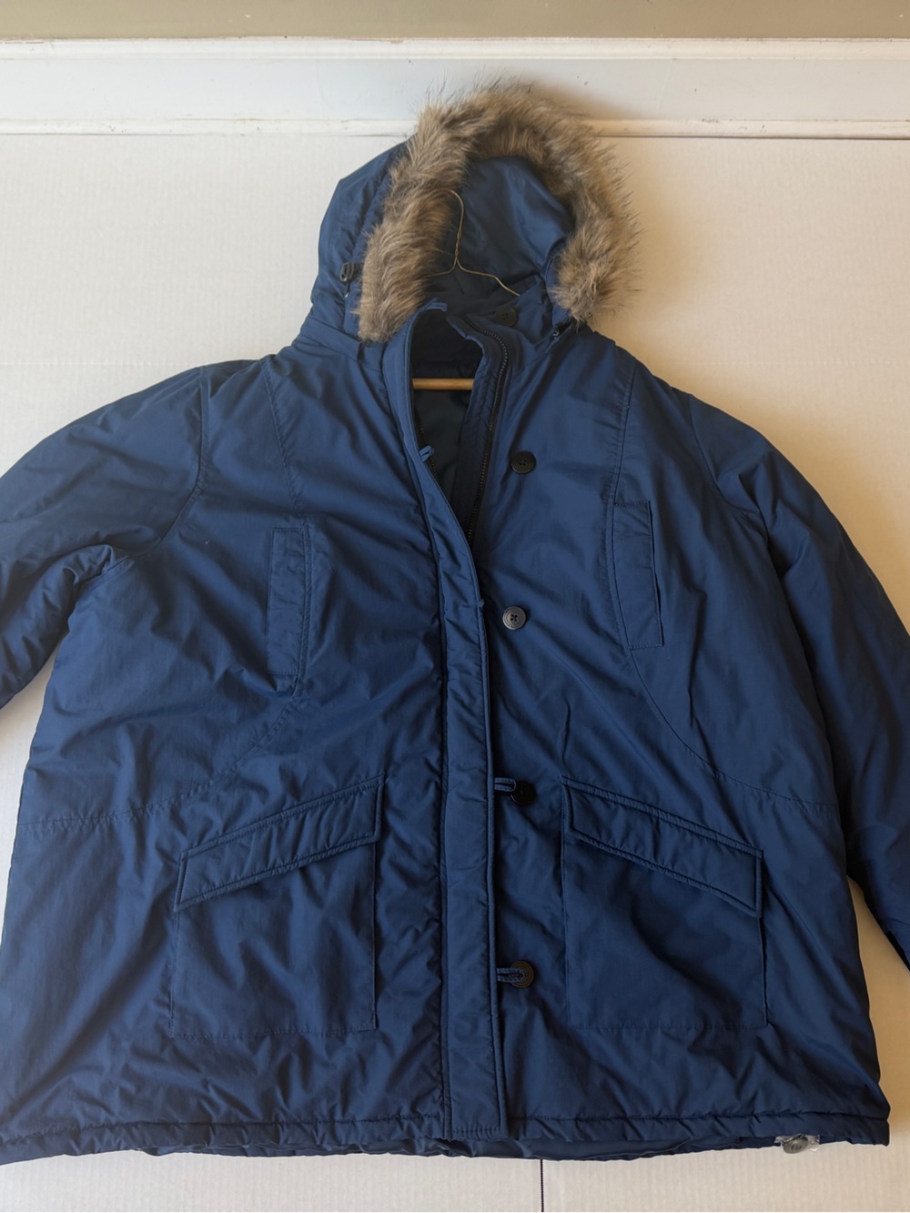 Woman’s Ellos  Navy Hooded Parka Jacket with Faux Fur Trim size 30/32